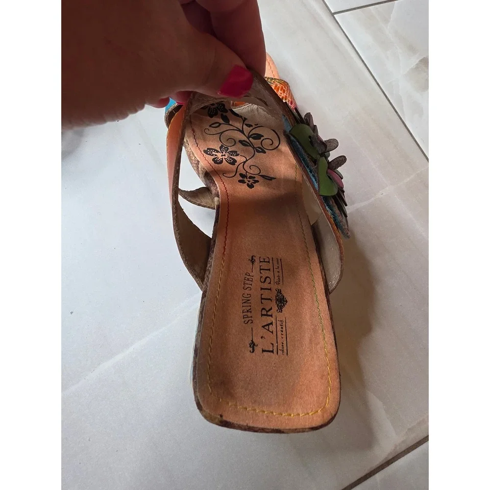 Spring‎ Step LArtiste Leather Floral Slide Sandals Block Heel Women size 40 F1